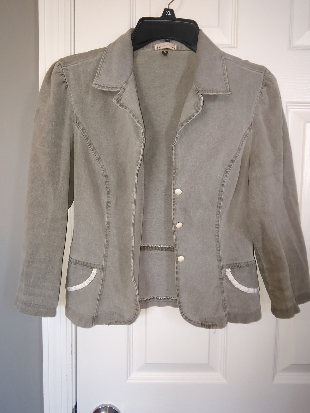 Vintage Luna Chix Olive Green Denim Blazer Jacket Puff Shoulder Satin Trim Size